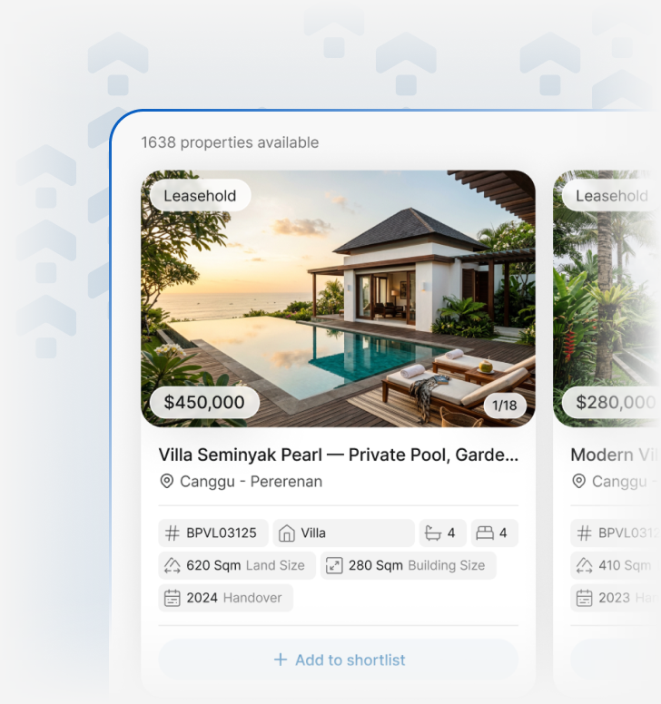 Screenshot: Bali property catalog with location and yield filters